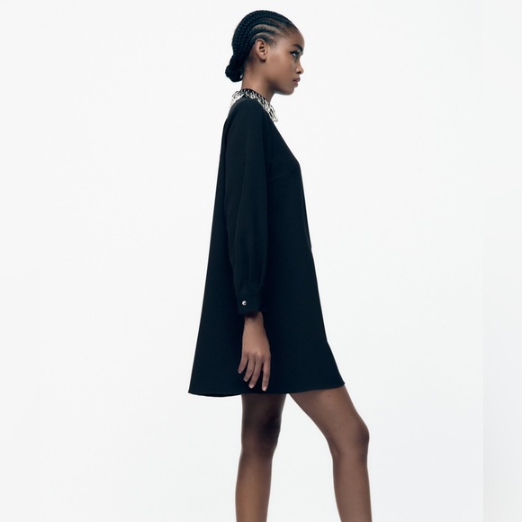 NWT Zara Beaded Collar Mini Black Dress - Picture 4 of 9